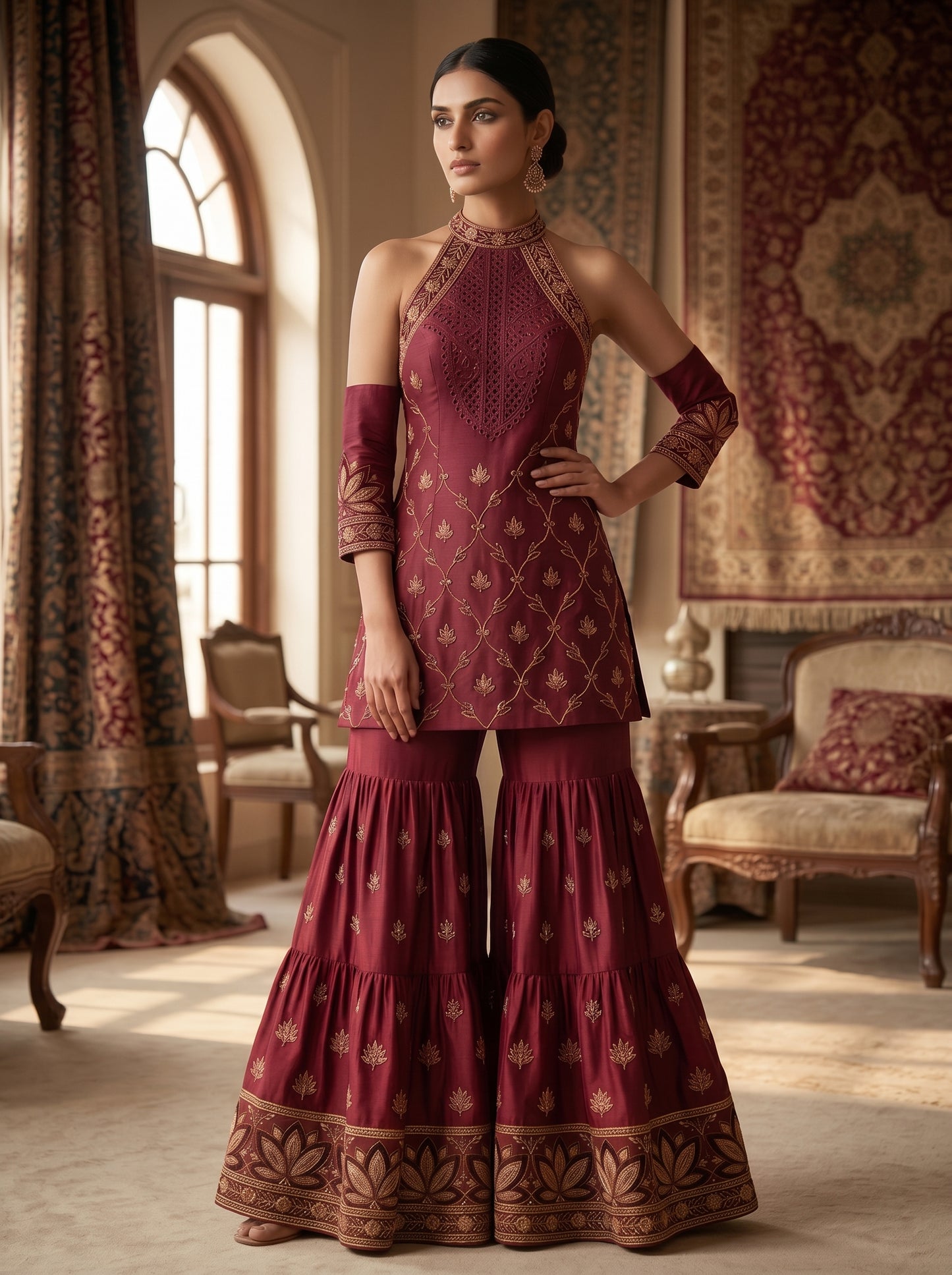 Emerald Verdant Embroidered Georgette | Couture Sharara Set