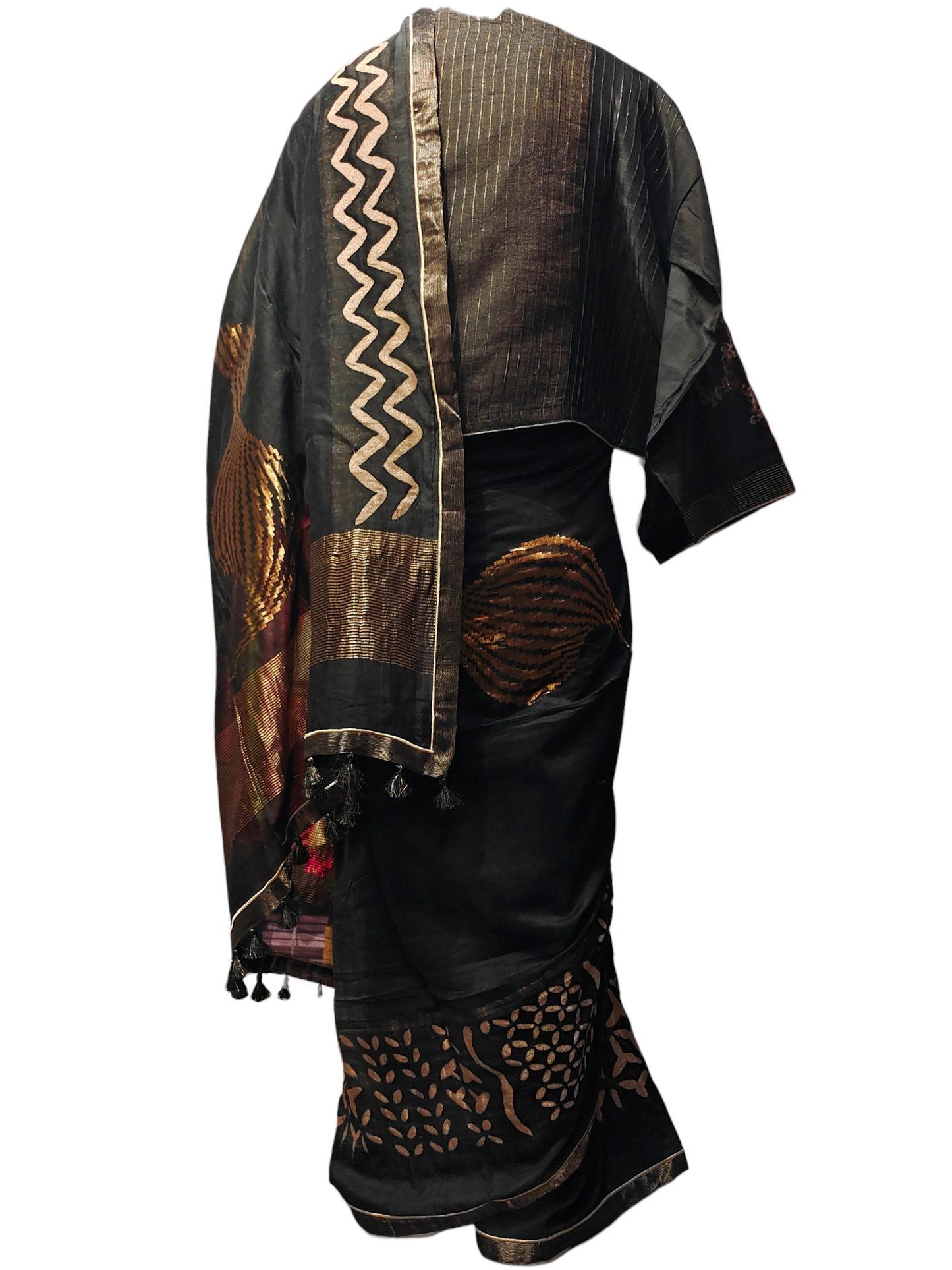 Traditional black and brown saree with intricate patterns on a white background