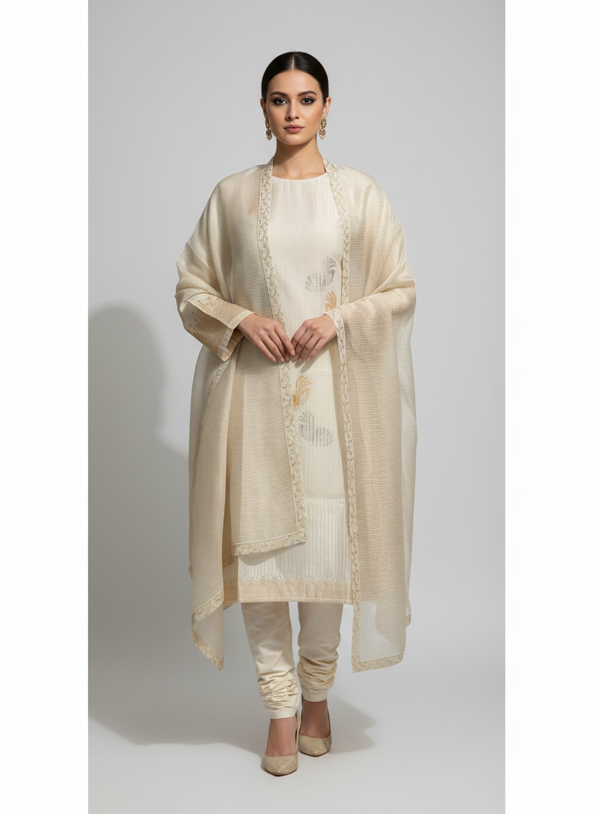Eira Ivory Textured Bustier Potli with Brocade Floral Border