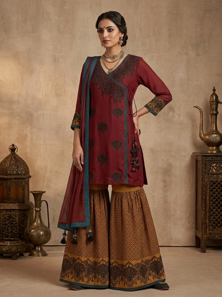 Heritage Maroon Angrakha | Couture Sharara Set