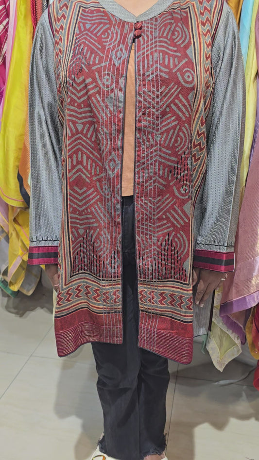 Semistitched Chanderi short Jacket With Ajrakh