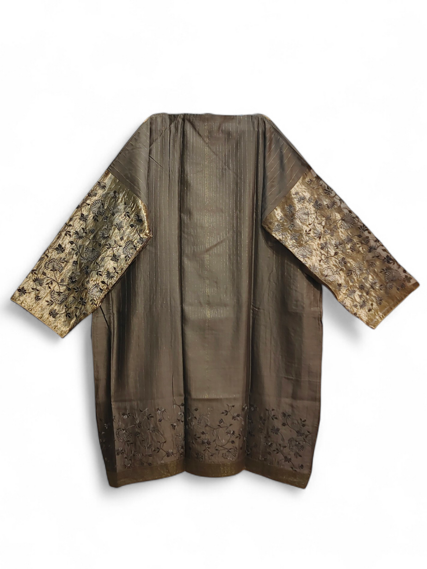 Brown kurta with gold and black floral embroidery on a white background