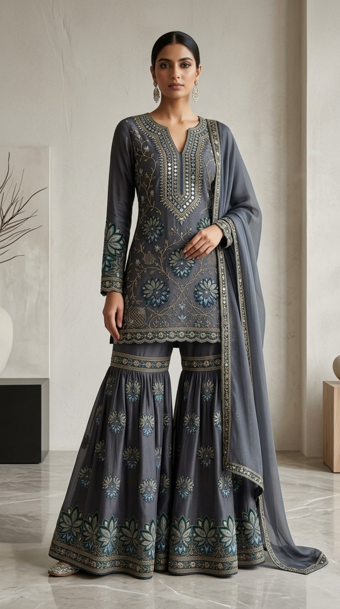 Midnight Blue Embroidered Georgette | Couture Sharara Set