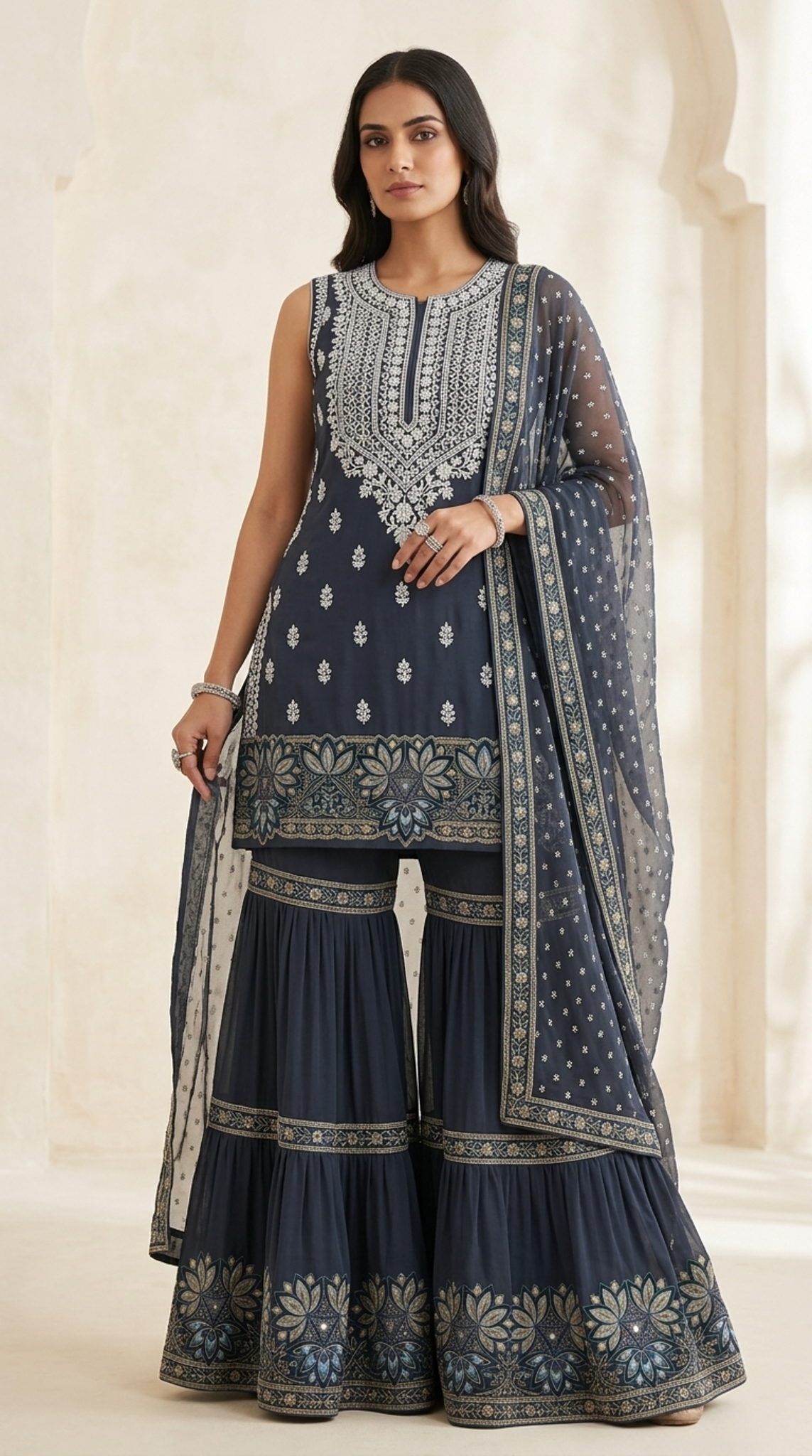 Midnight Blue Embroidered Georgette | Couture Sharara Set