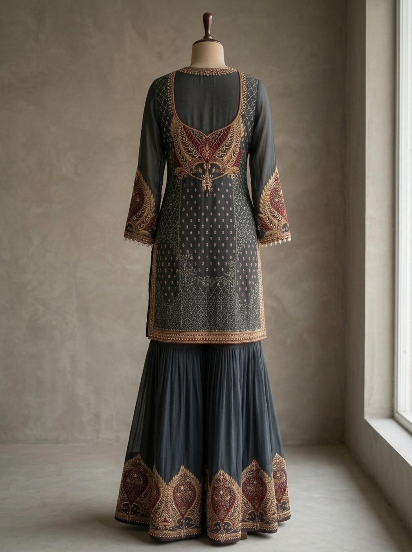 Charcoal Embroidered Georgette | Couture Sharara Set