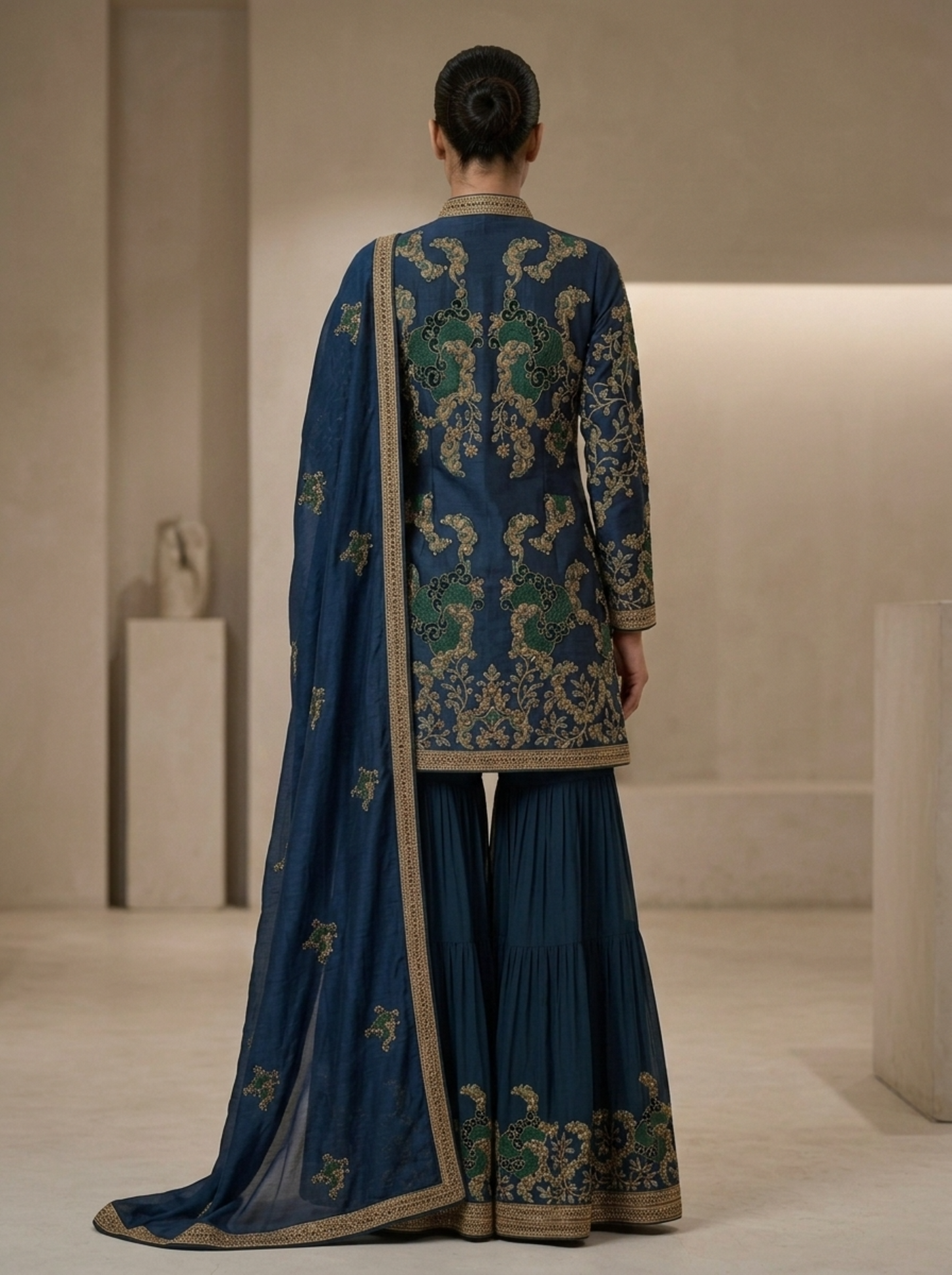 Midnight Teal Embroidered Georgette | Couture Sharara Set