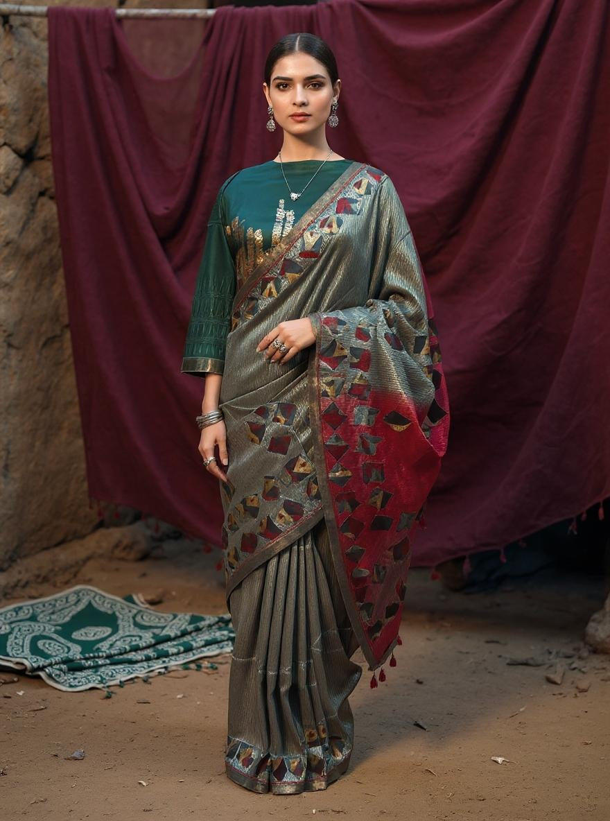 Formal Silk Ajrakh applique Saree