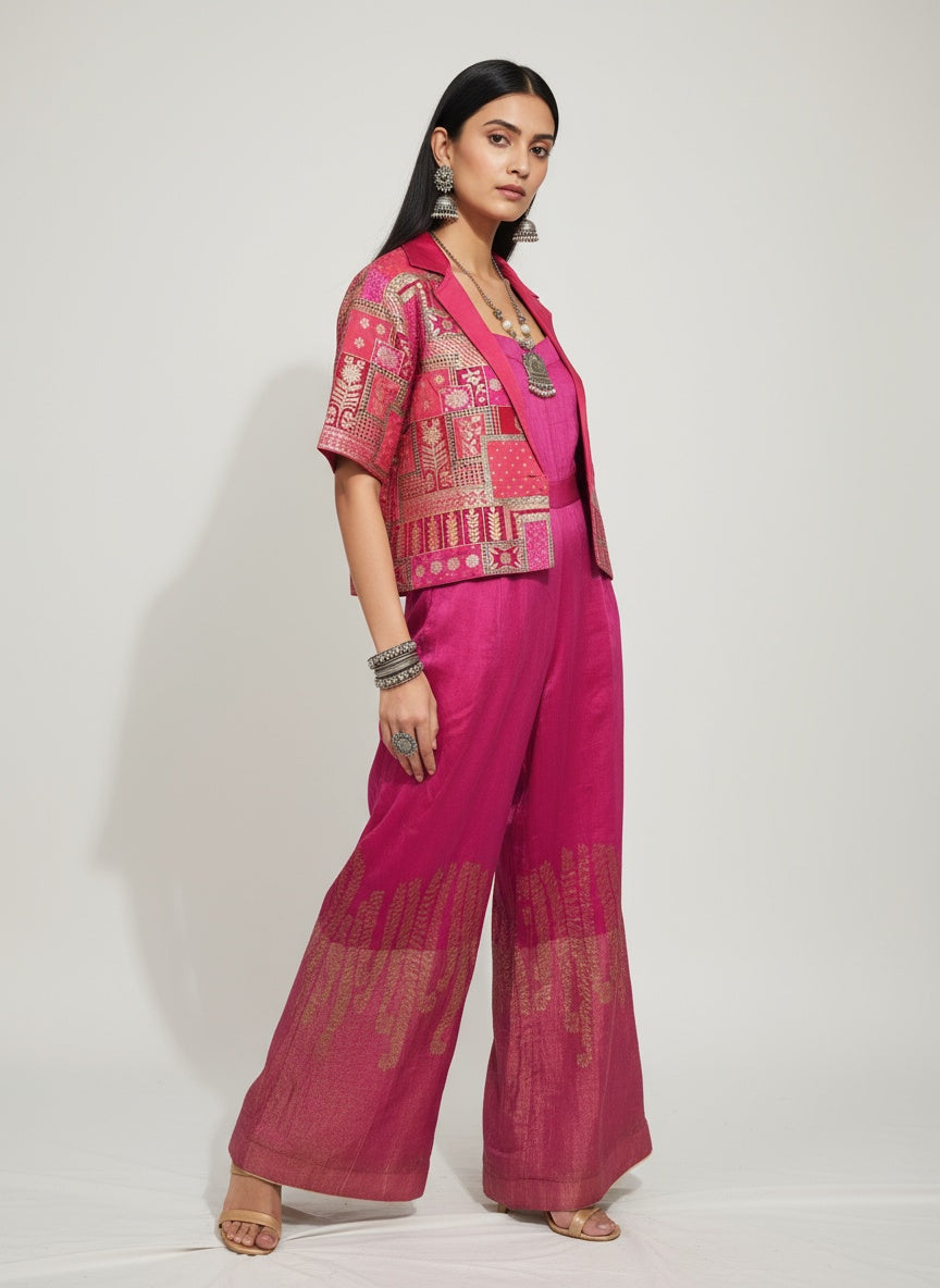Semi Stitched Chanderi dress with cropped blazer