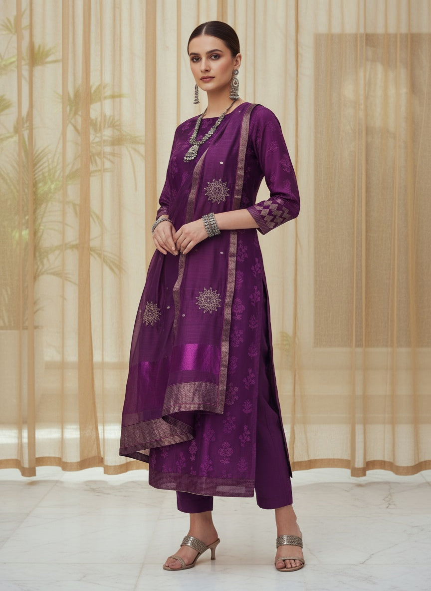 Semi Stitched Formal chanderi Suitset
