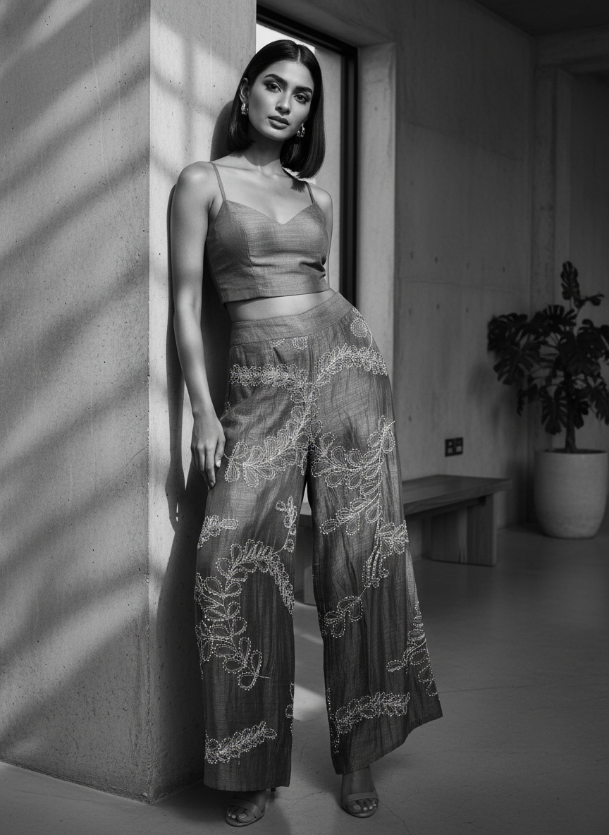 Formal Silk Linen Embroidered Palazzo pant (VKSKT01MAR16)