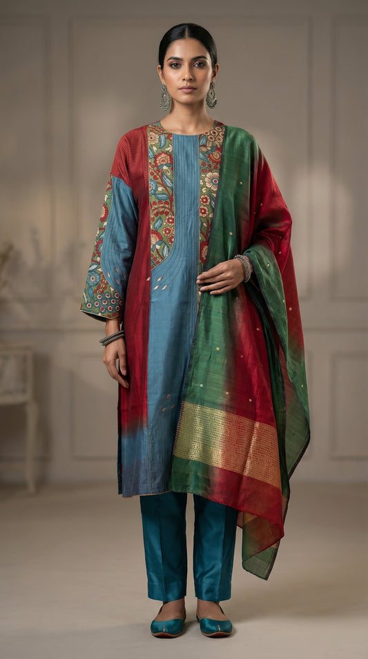 Semi Stitched Kalamkari Chanderi Suitset