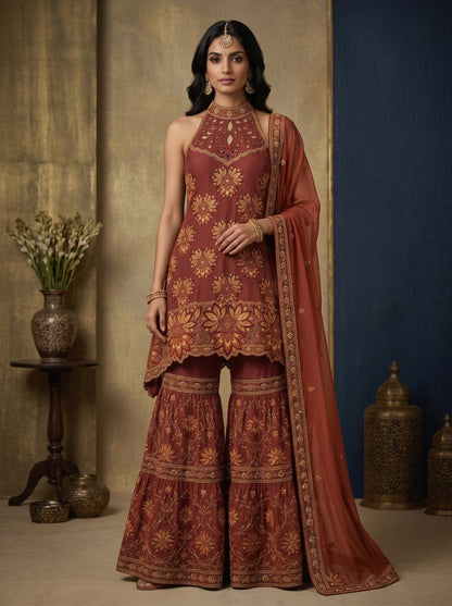 Terracotta Rust Embroidered Georgette | Couture Sharara Set