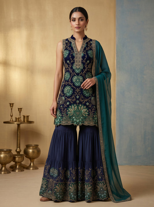 Midnight Bloom Embroidered Georgette  | Couture Sharara Set