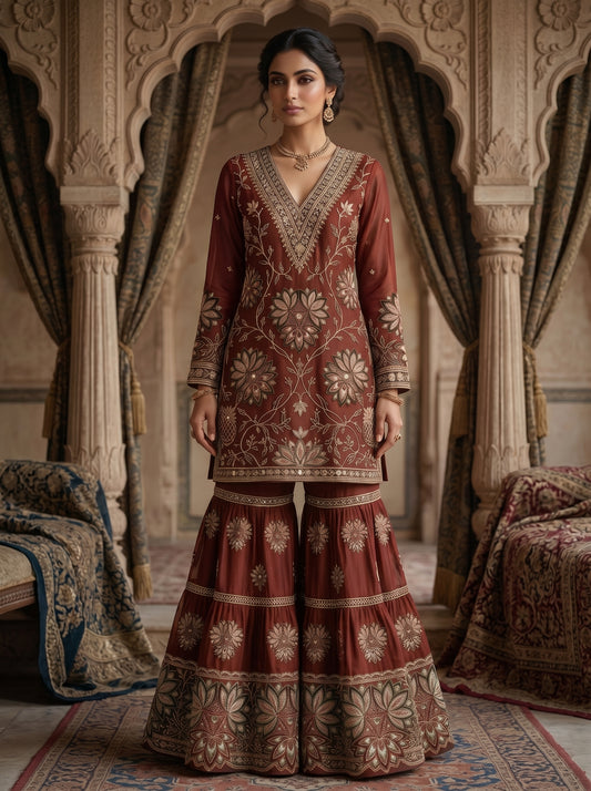 Terracotta Floral Embroidered  | Couture Sharara Set