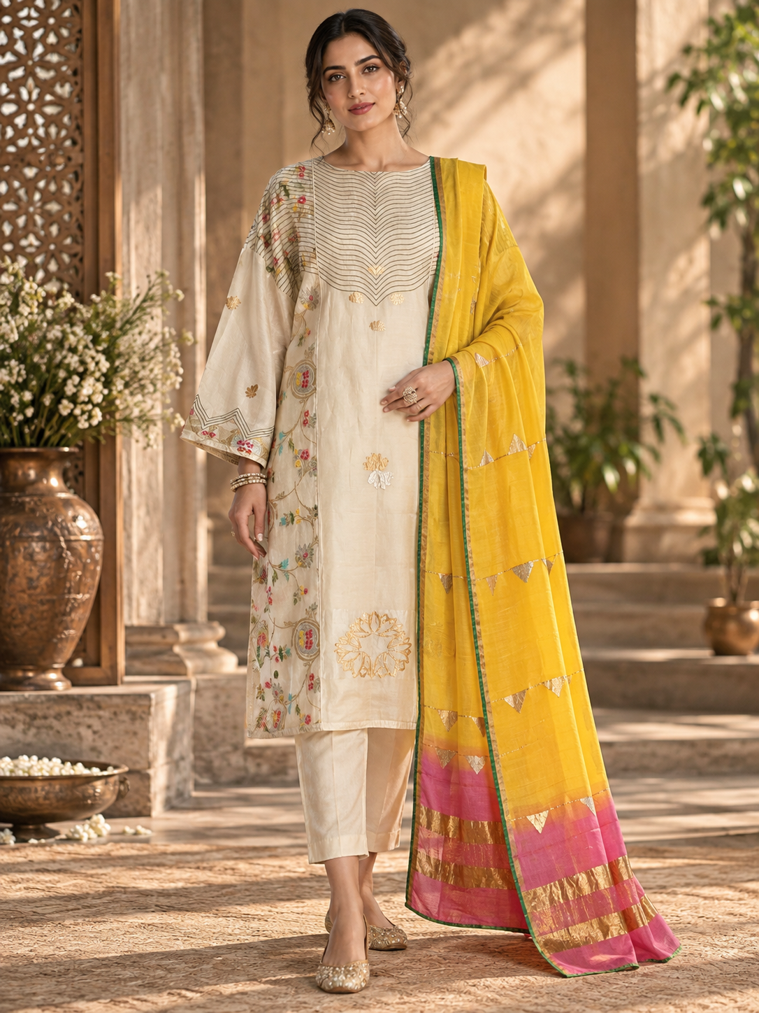 Semi Stitched Chanderi Formal Suitset