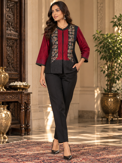 Formal Saanjh Maroon Black Ajrakh Chanderi Midlength Jacket