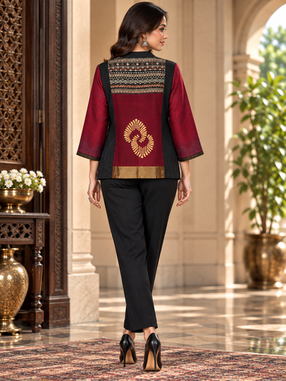 Formal Saanjh Maroon Black Ajrakh Chanderi Midlength Jacket