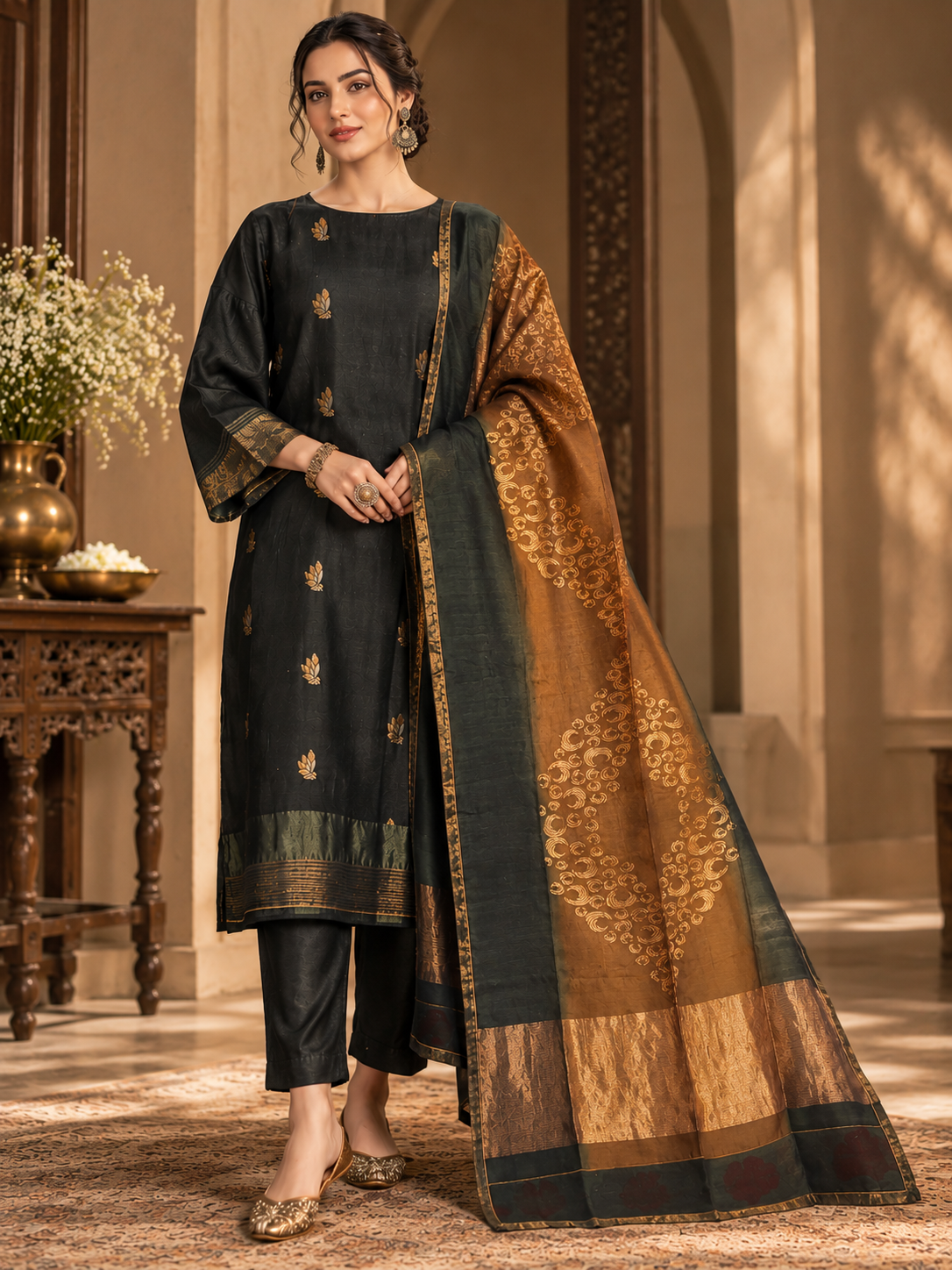 Semi Stitched Chanderi Formal Suitset