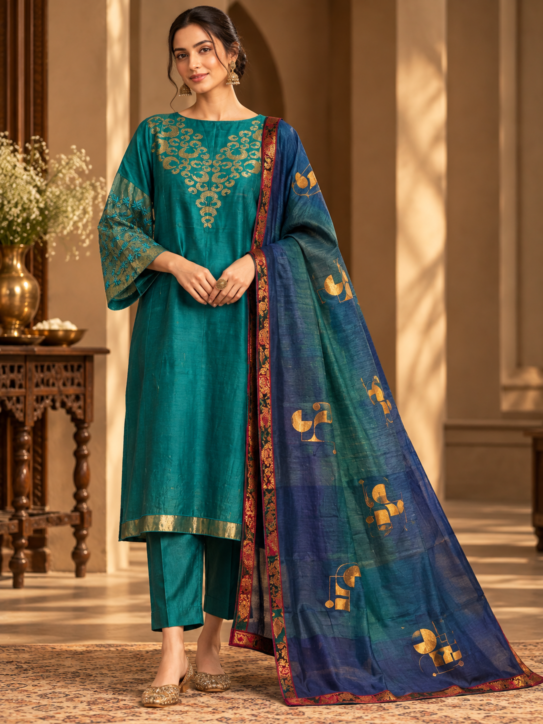 Semi Stitched Chanderi Formal Suitset