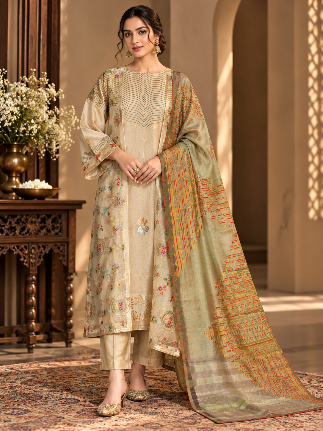 Semi Stitched Chanderi Formal Suitset