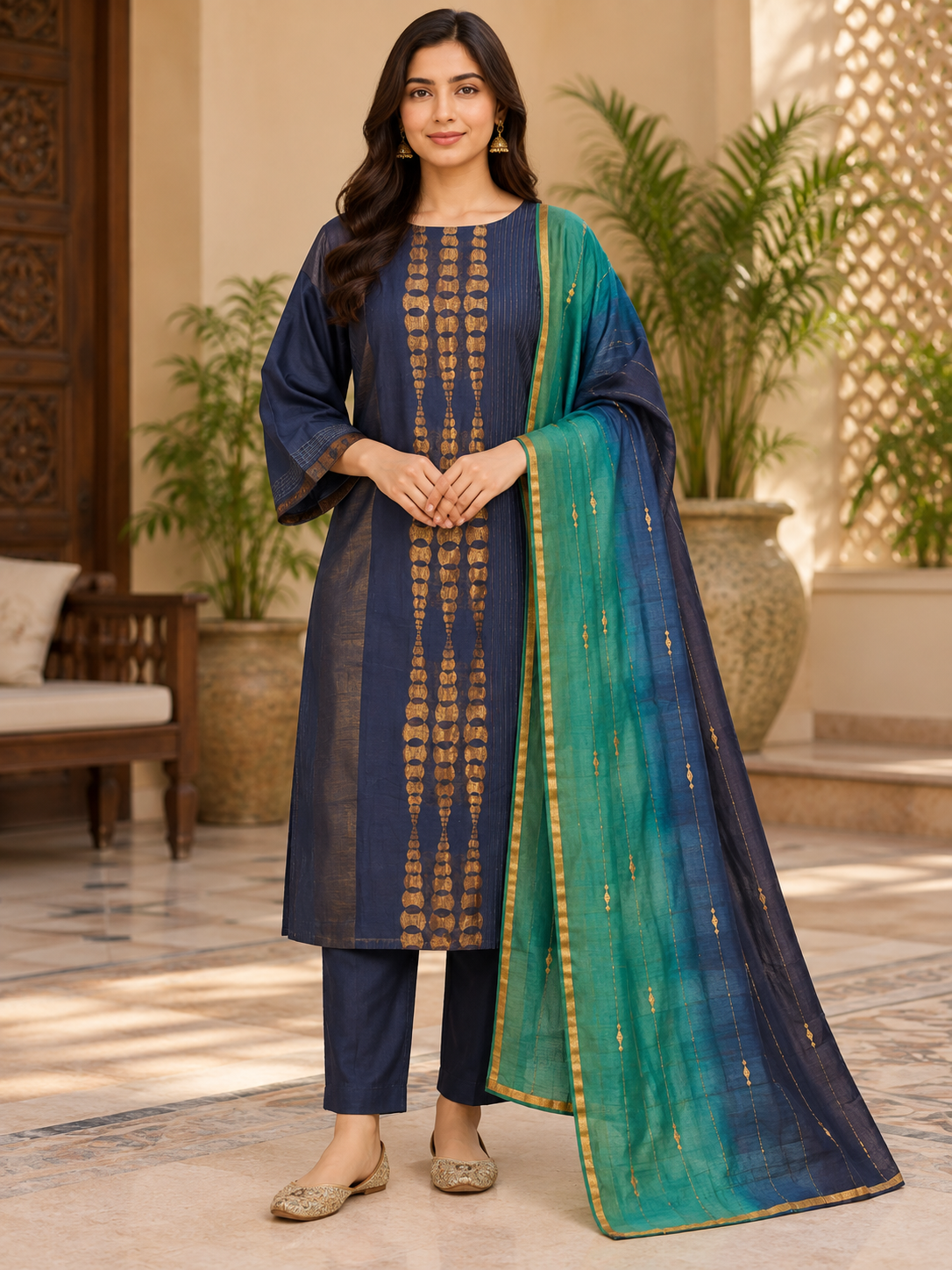 Semi Stitched Chanderi Formal Suitset