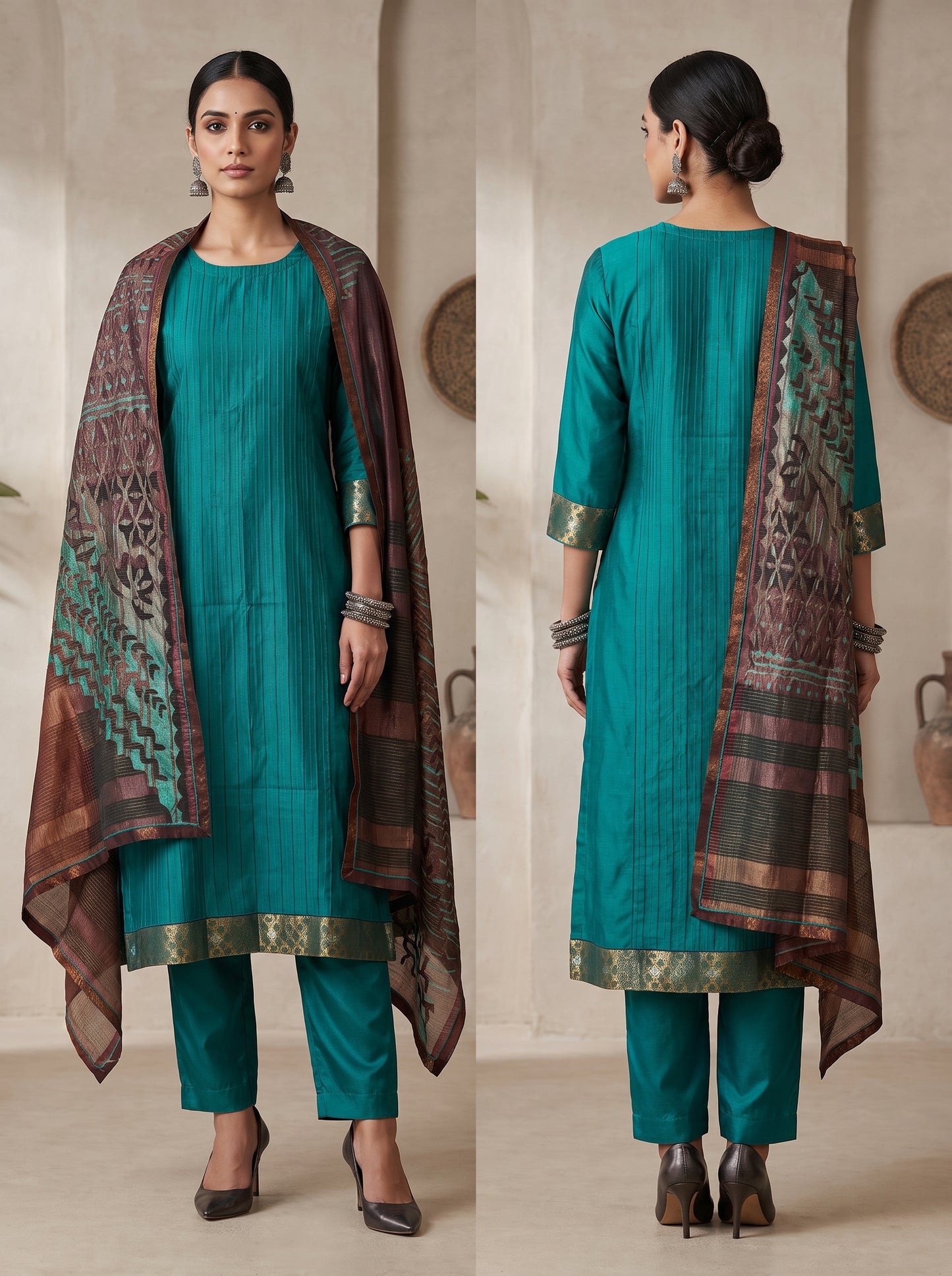 Semi Stitched Chanderi Formal Suitset