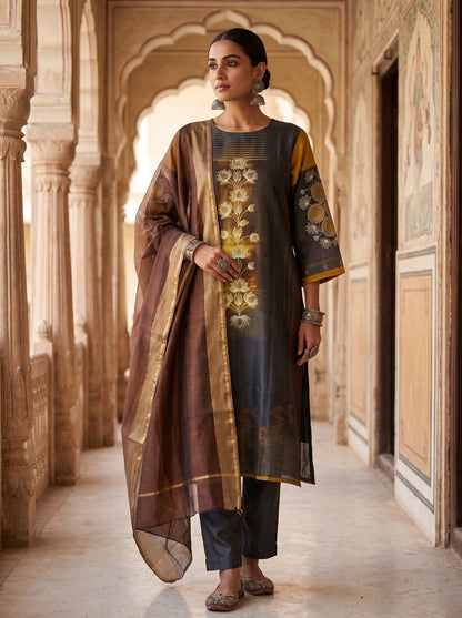 Semi Stitched Chanderi Casual Suitset