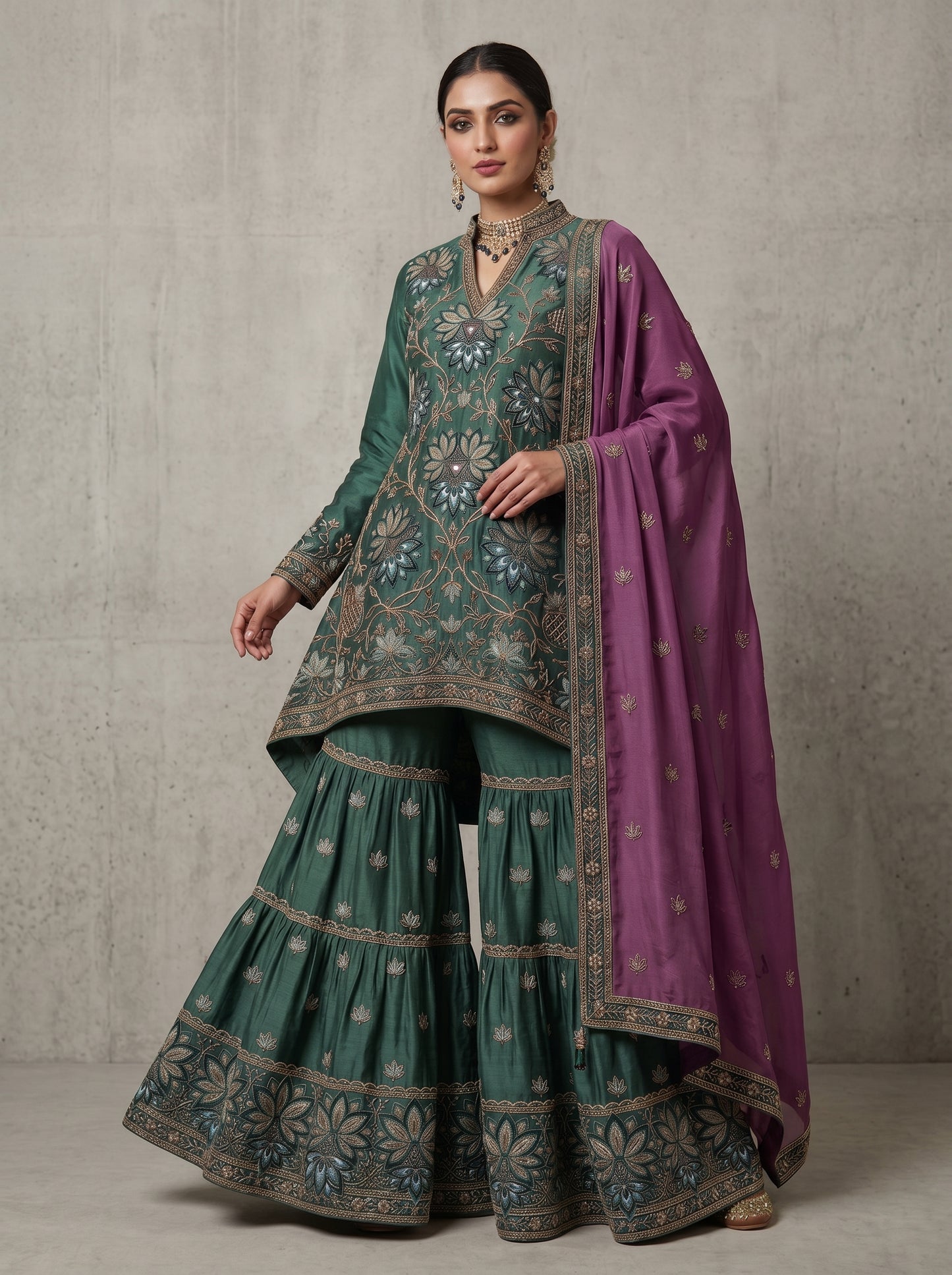 Midnight Blue Hand-Embroidered Pure Silk  | Couture Sharara Set