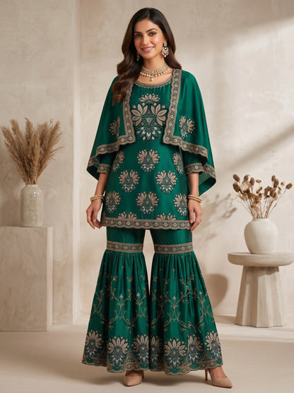 Deep Plum Floral Embroidered Georgette | Couture Sharara Set