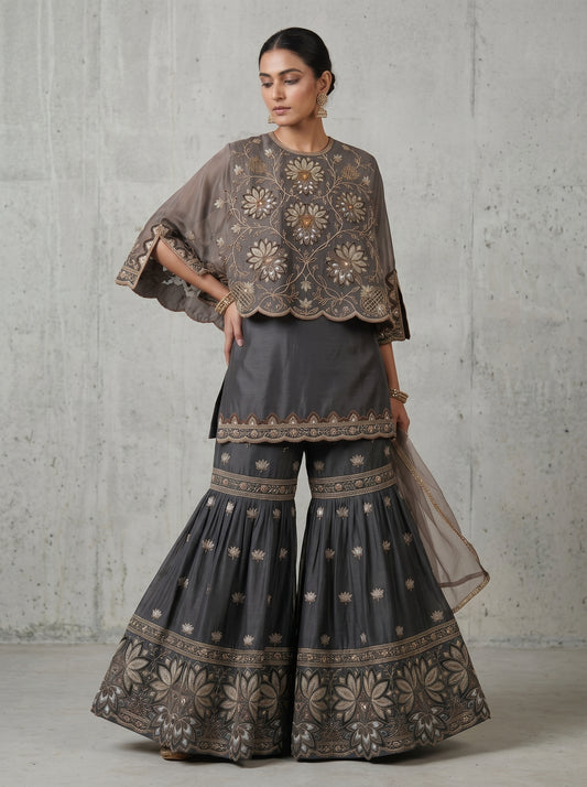 Charcoal Embroidered Georgette  | Couture Sharara Set