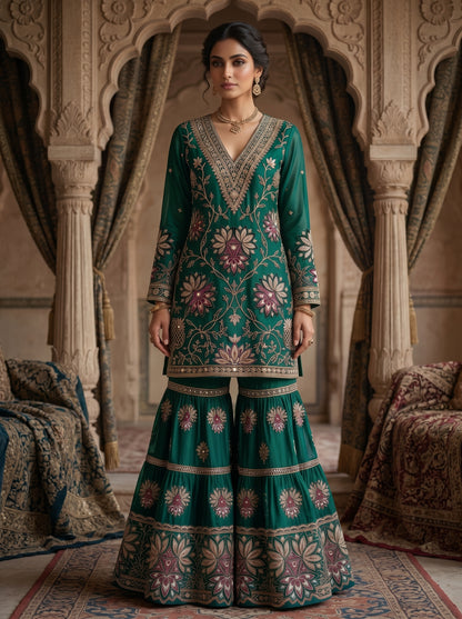Terracotta Floral Embroidered  | Couture Sharara Set
