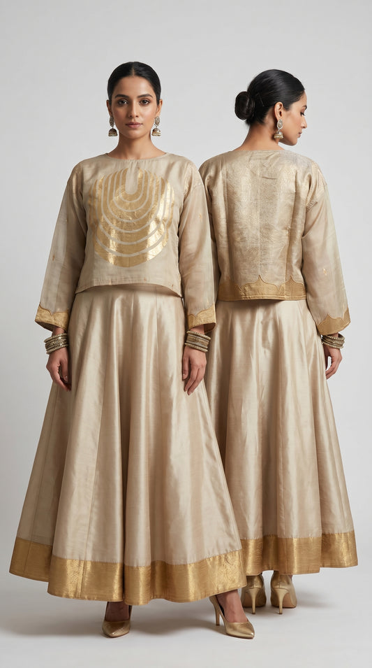 Woman wearing a traditional blouse with gold embroidery, front and back views on a plain background