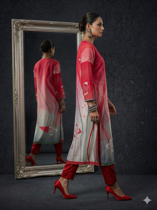 Woman in a red and white traditional outfit standing in front of a mirror.