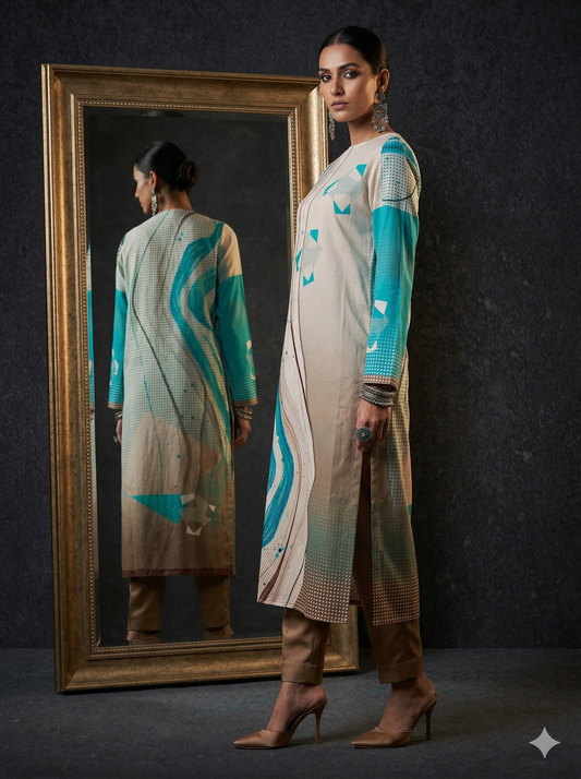 Woman in a stylish outfit standing next to a mirror with a dark background