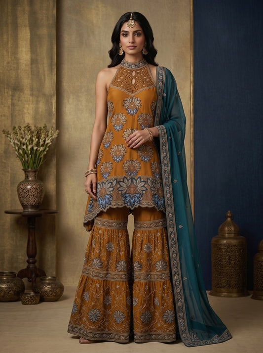 Terracotta Rust Embroidered Georgette | Couture Sharara Set