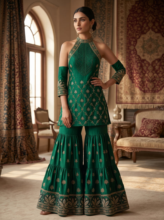 Emerald Verdant Embroidered Georgette  | Couture Sharara Set