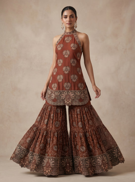 Earthy Rust Hand-Embroidered Georgette | Couture Sharara Set