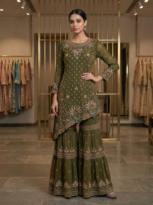Olive Green Floral Embellished | Couture Sharara Set
