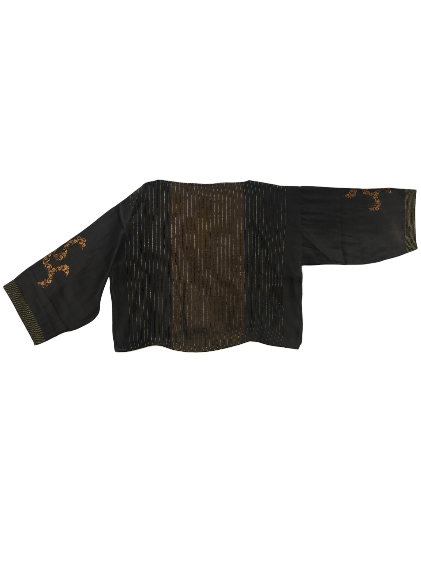 Black garment with embroidered details on a white background