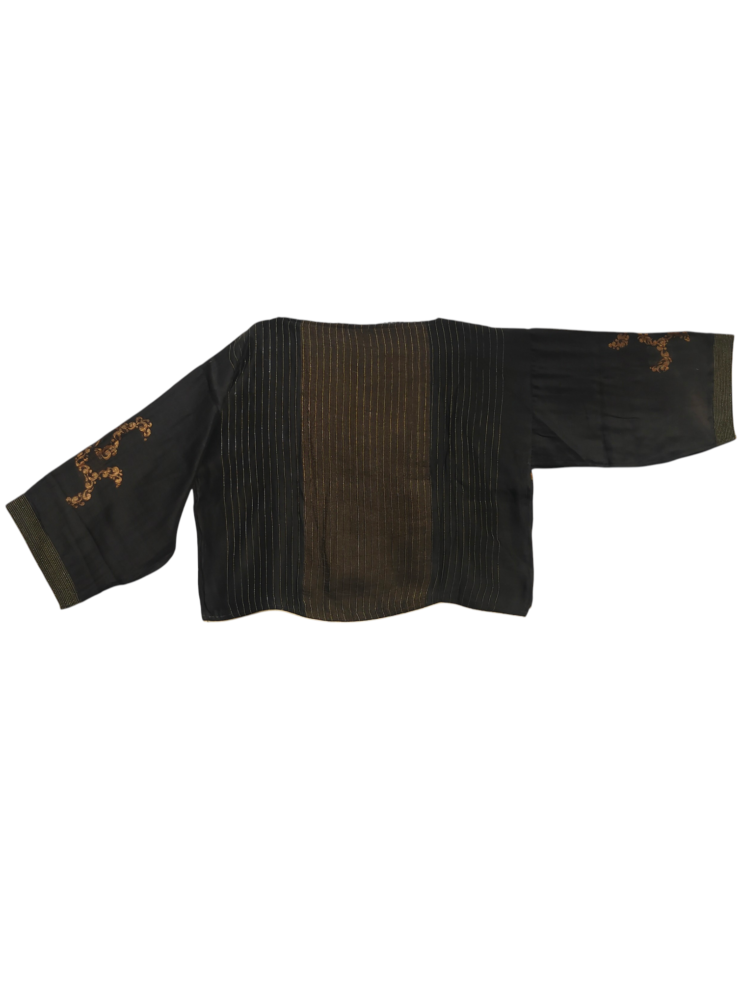 Black garment with embroidered details on a white background