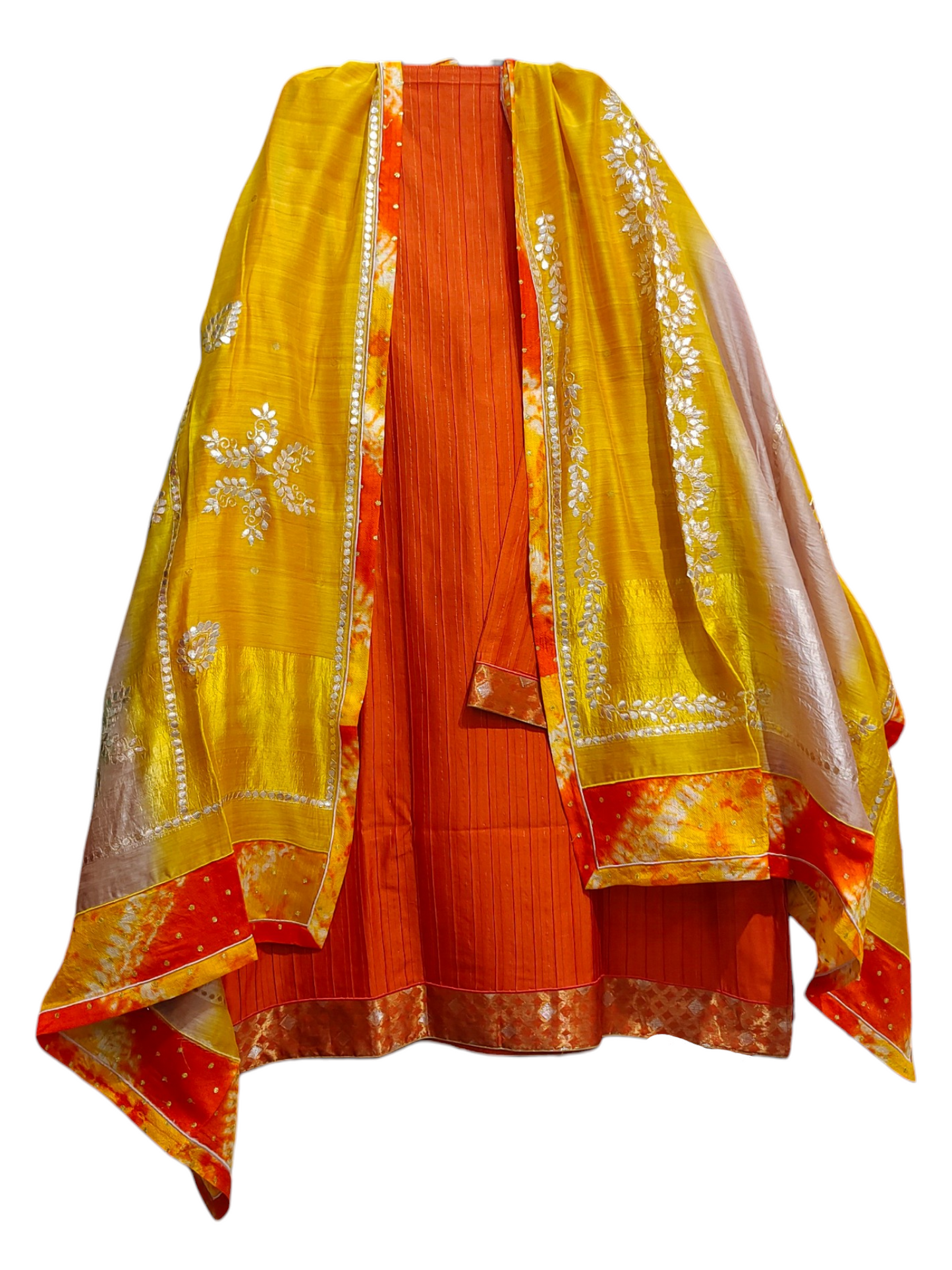 Orange and yellow traditional kurta with a dupatta on a white background