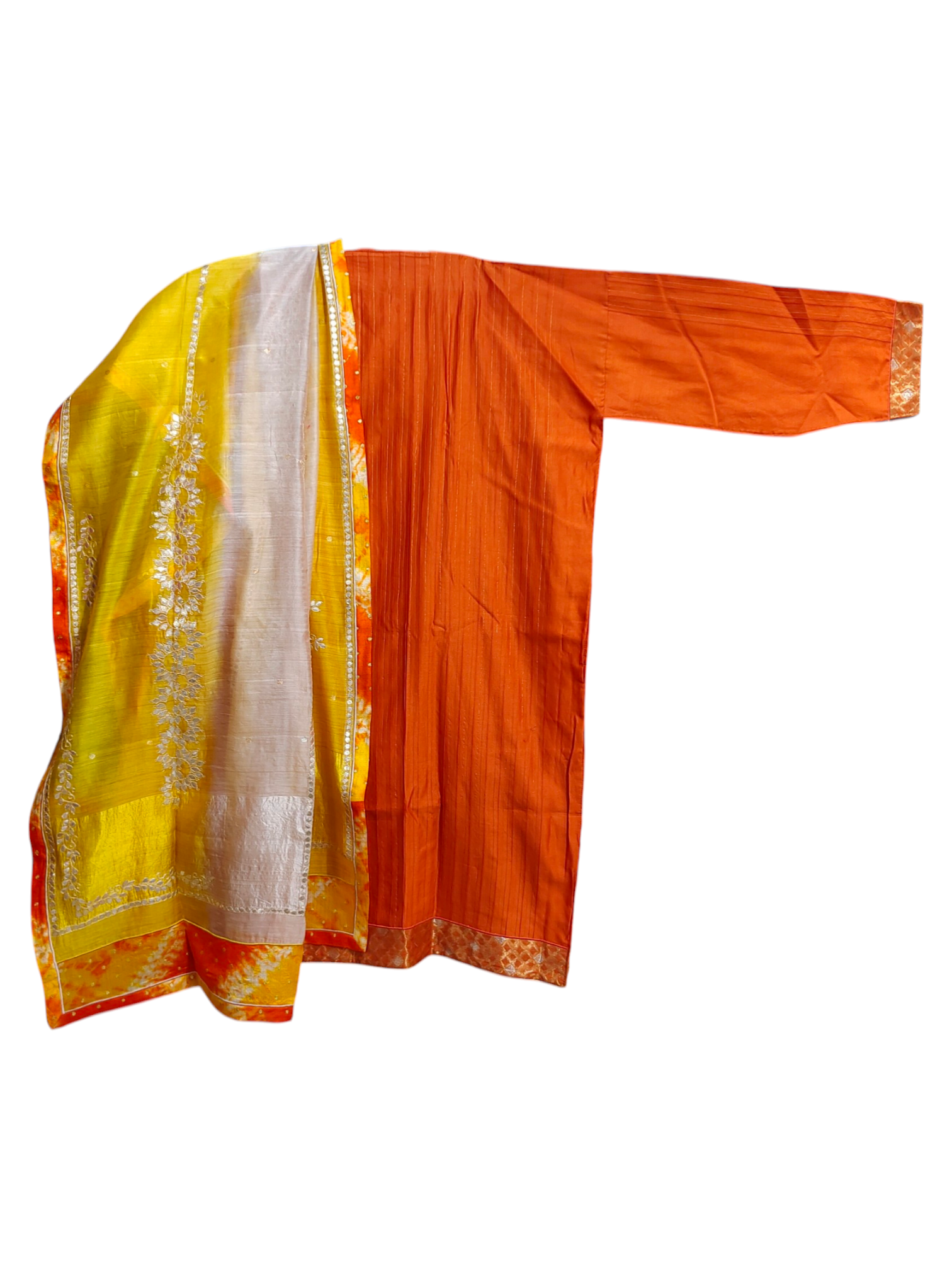 Orange and yellow traditional kurta with white border on a white background