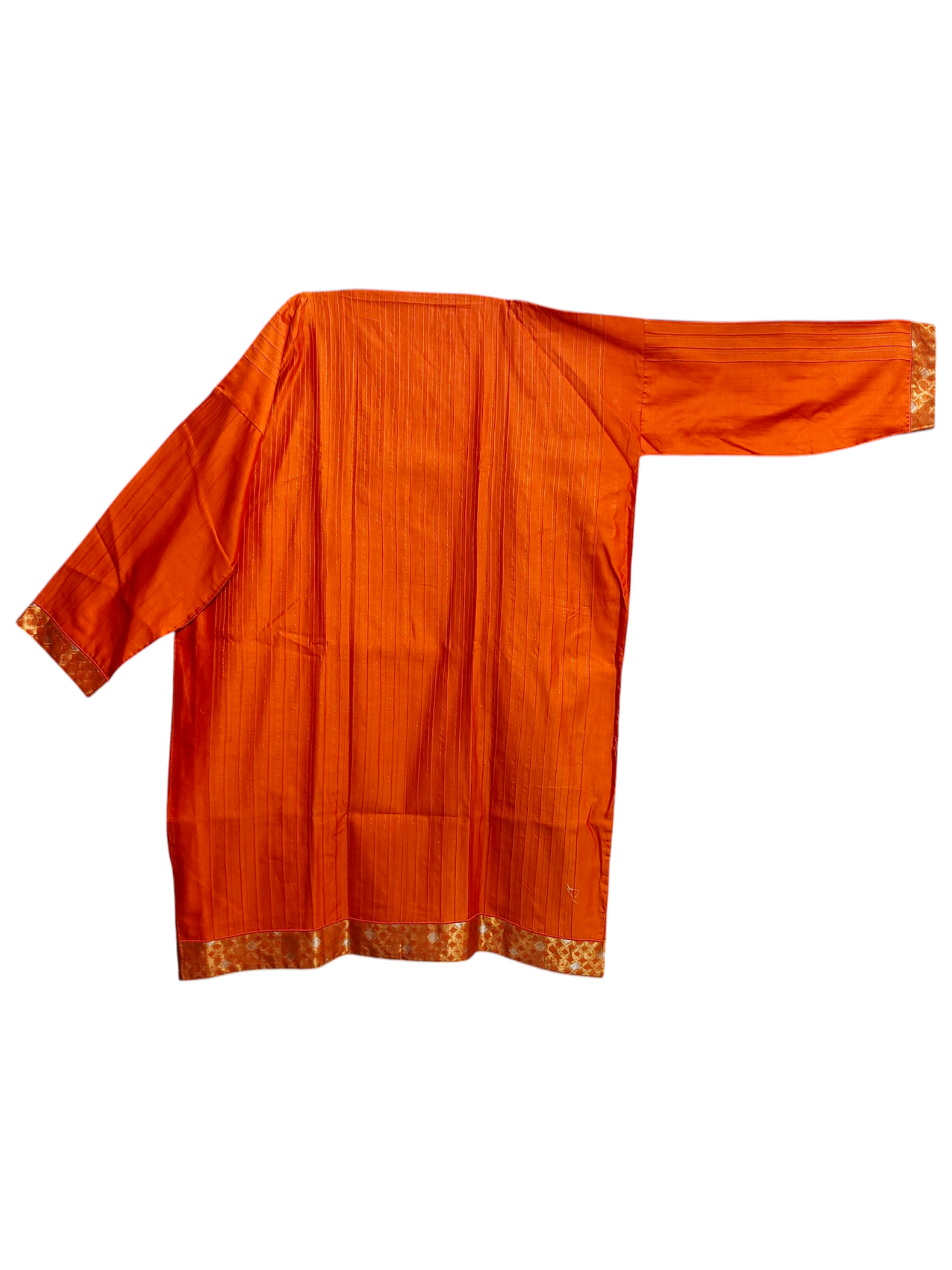 Orange traditional kurta with gold trim on a white background