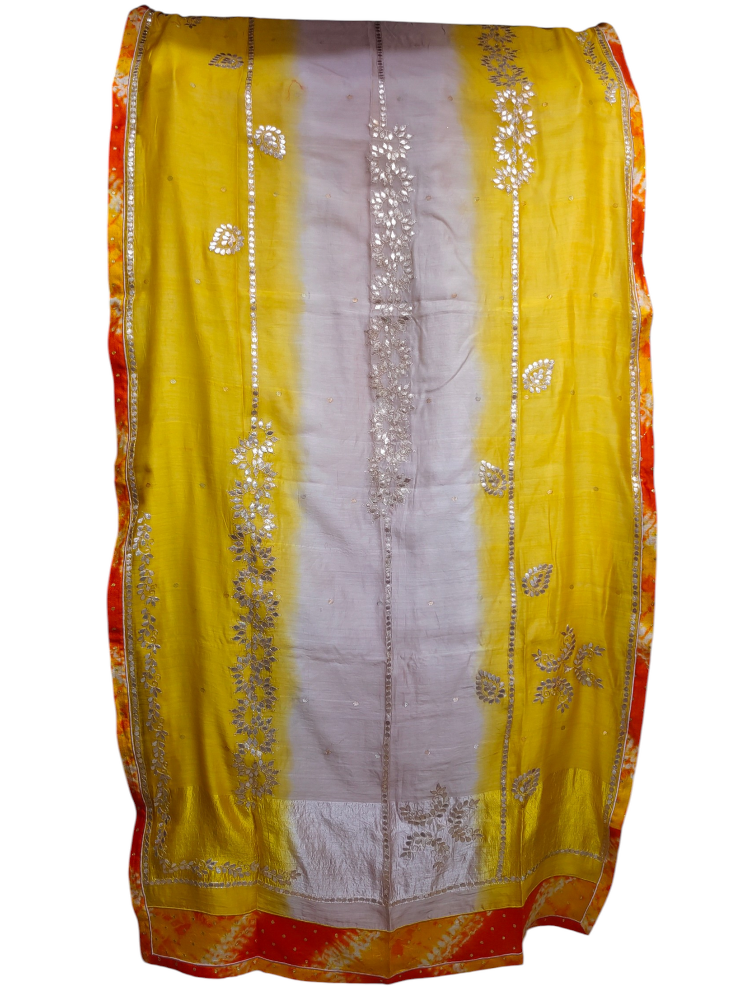 Yellow and white dupatta with floral patterns on a plain background