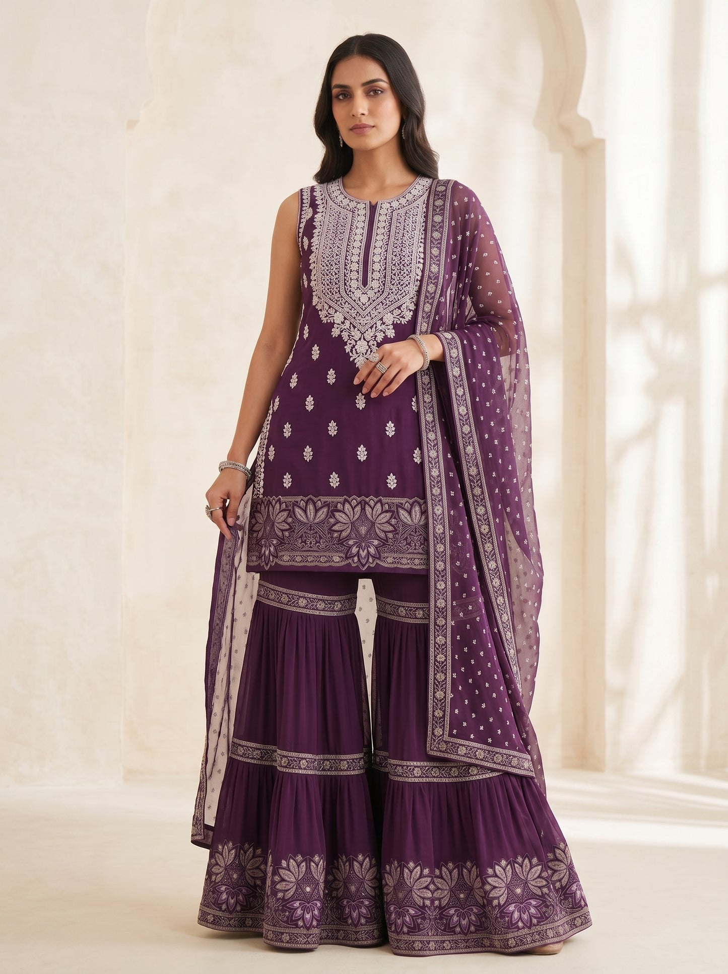 Plum Purple Embroidered Georgette | Couture Sharara Set