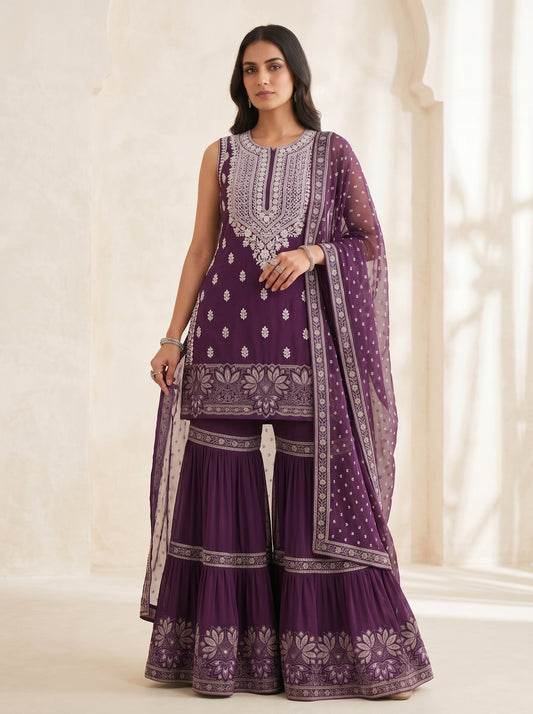 Plum Purple Embroidered Georgette | Couture Sharara Set