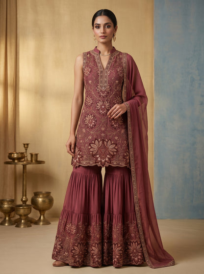 Midnight Bloom Embroidered Georgette  | Couture Sharara Set