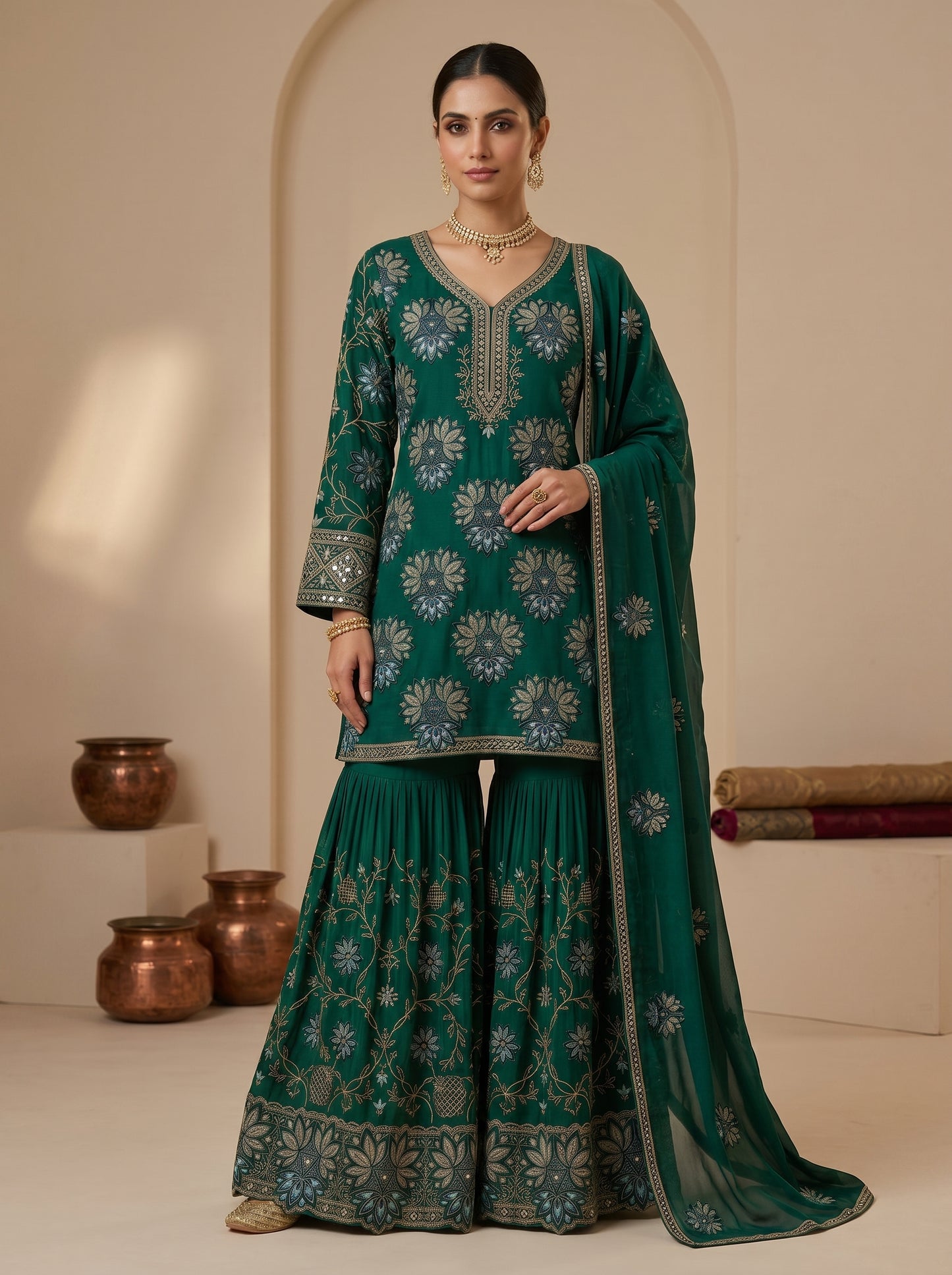 Emerald Green Floral Embroidered Georgette | Couture Sharara Set