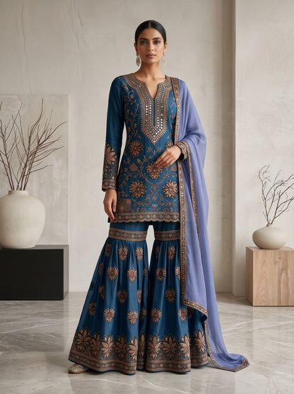 Midnight Peacock Embroidered Georgette | Couture Sharara Set