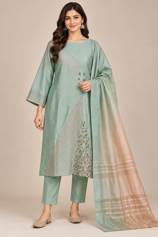 Semi Stitched Chanderi Formal Suitset